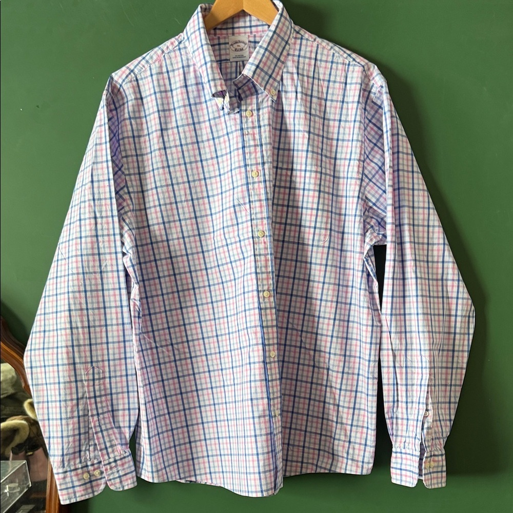 Brooks Brothers Mens XL Pink & Blue Plaid Shirt Classic Preppy